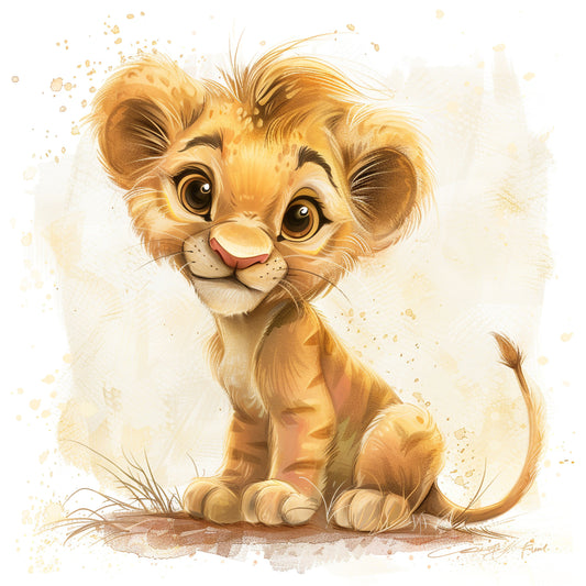 Adorable Baby Lion Sitting Playfully on Whimsical Background