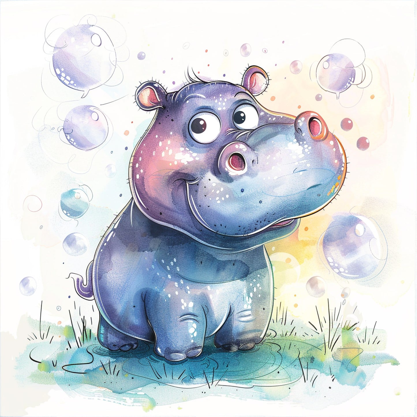 Whimsical Hippo Illustration with Colorful Bubbles