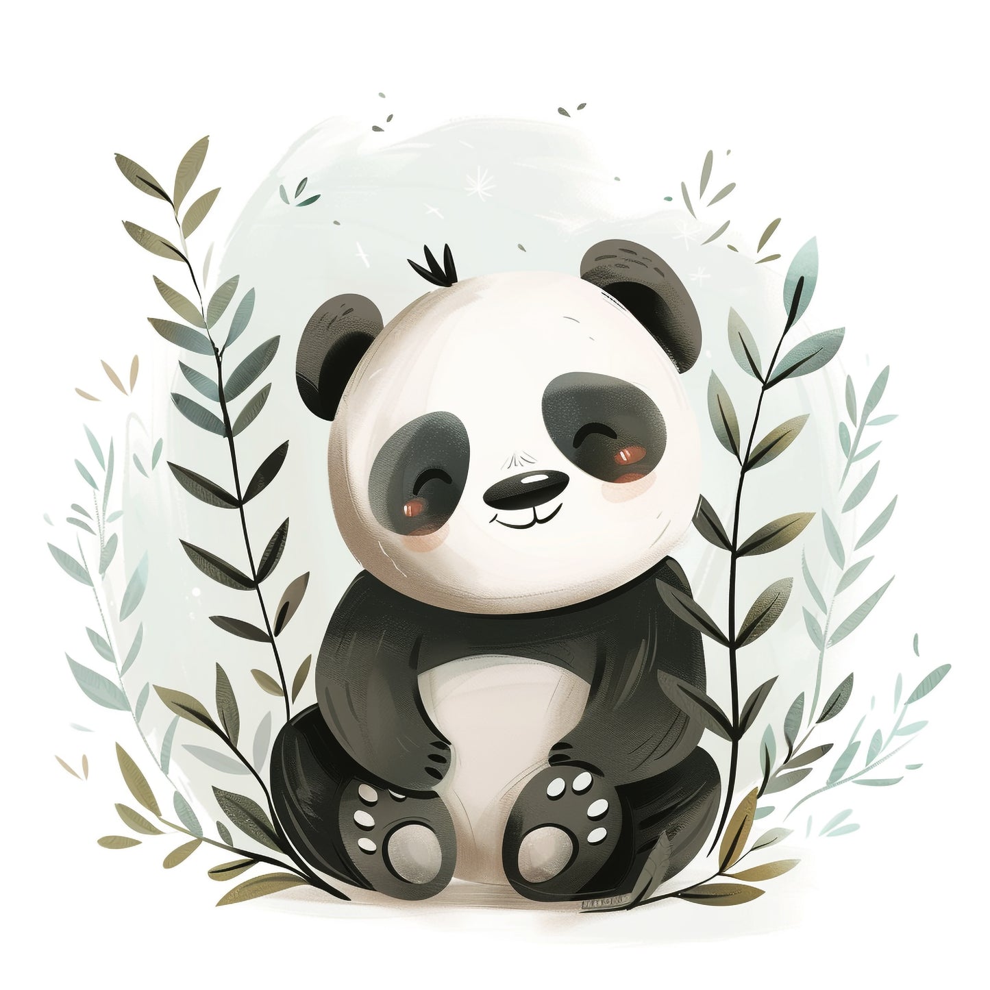 Adorable Whimsical Panda Airbrush Illustration with Plants