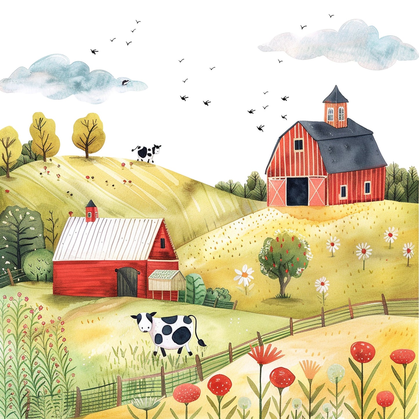 Idyllic Rural Farm Scene in Watercolor Illustration