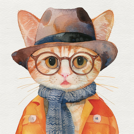 Cute Cat in Retro Outfit and Glasses Watercolor Illustration