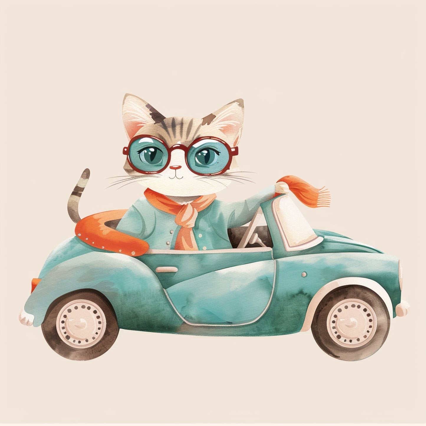 Cool Cat in Retro Clothes Driving a Vintage Car