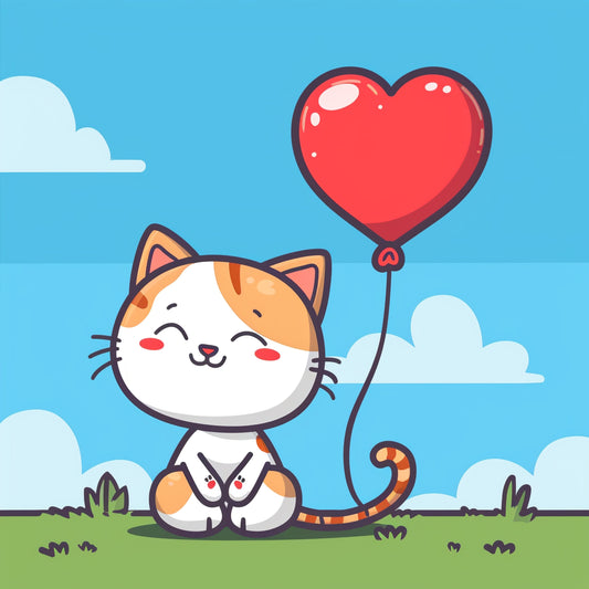 Adorable Cat with a Red Heart Balloon on a Sunny Day