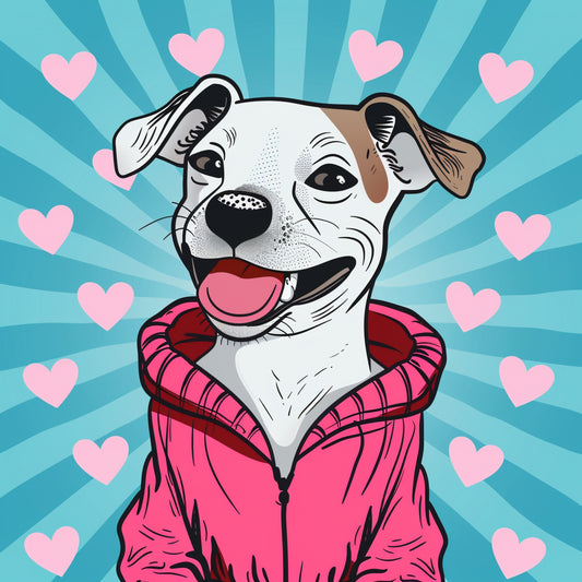 Cartoon Dog Wearing Jacket with Hearts and Stripes
