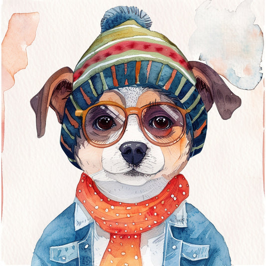 Charming Dog Wearing Glasses and Colorful Winter Attire