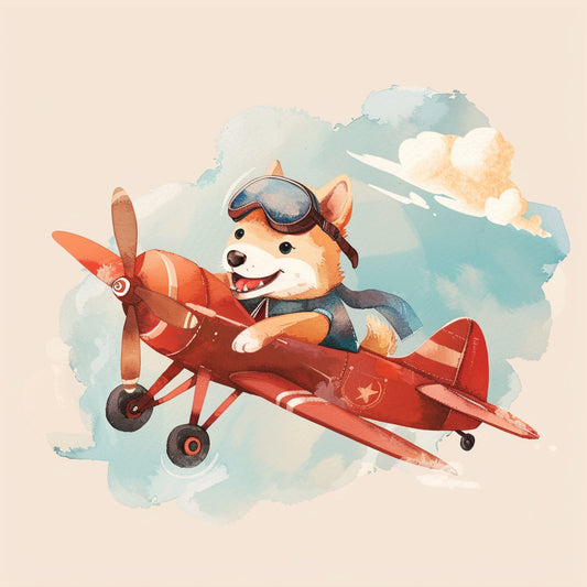 Joyful Dog in Pilot Outfit Flying a Retro Plane