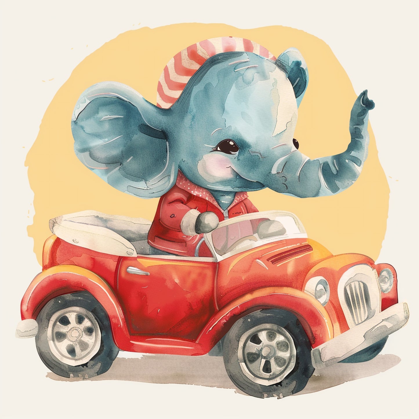 Cute Elephant in Retro Outfit Driving a Toy Car