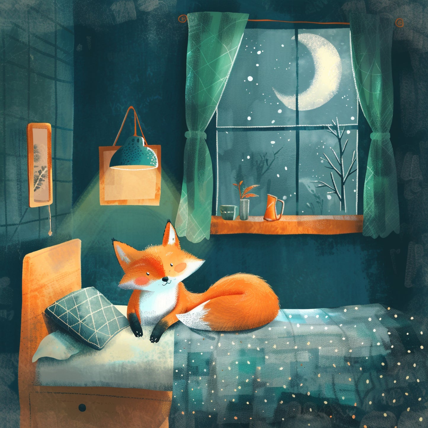 Charming Illustrated Fox Enjoying a Cozy Bedroom at Night