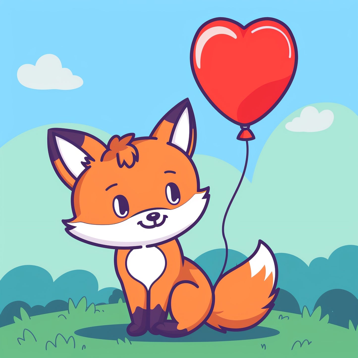 Charming Cartoon Fox with Red Heart Balloon Illustration