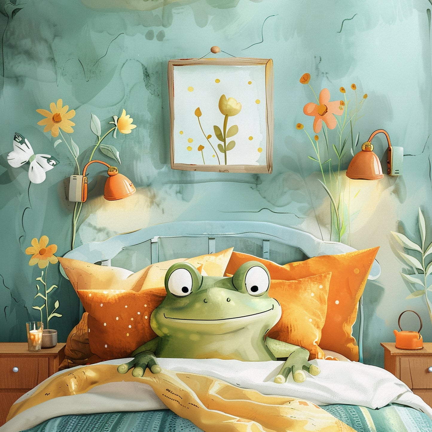 Cute Frog Enjoying Cozy Evening in Stylish Bedroom