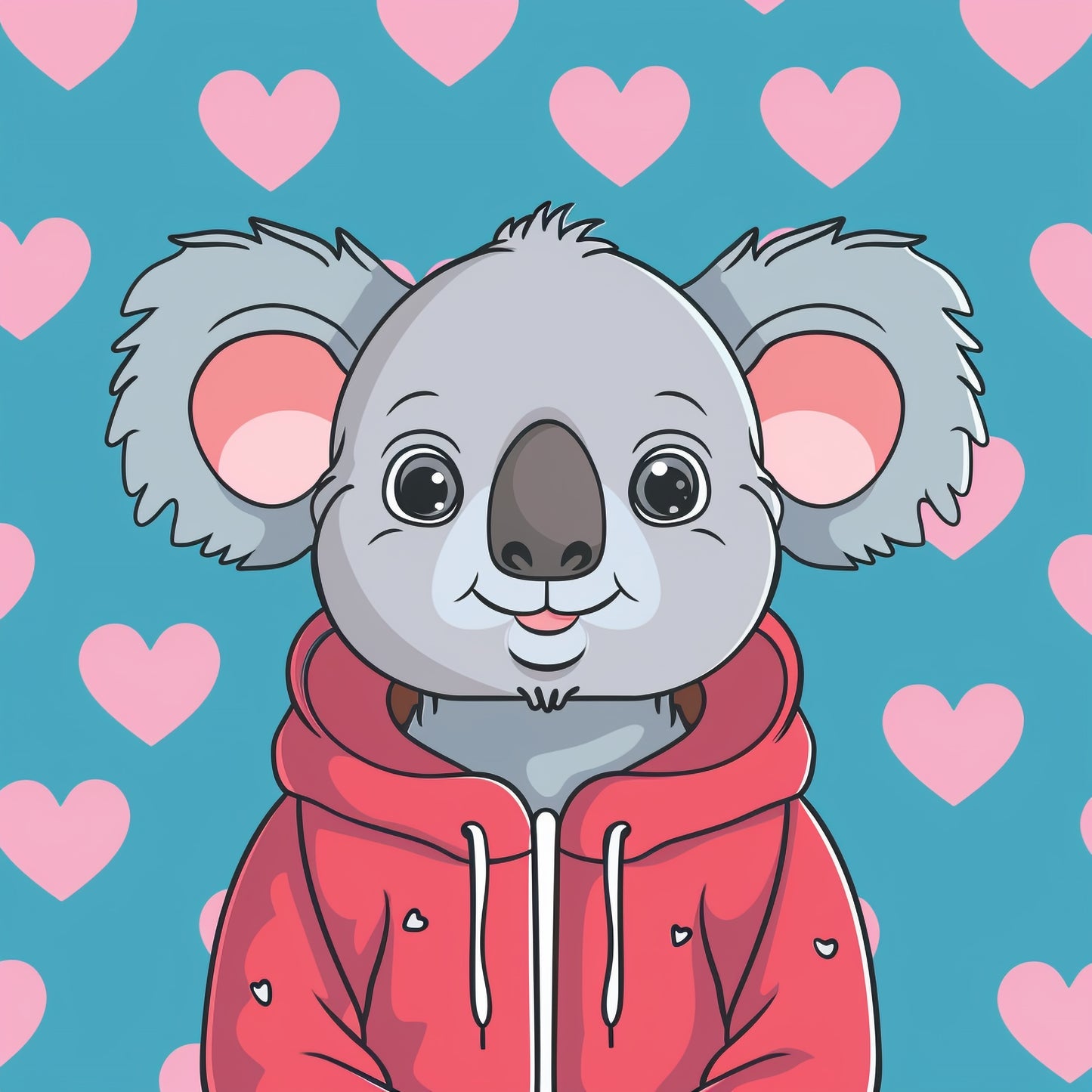 Adorable Cartoon Koala in Red Hoodie with Hearts Background