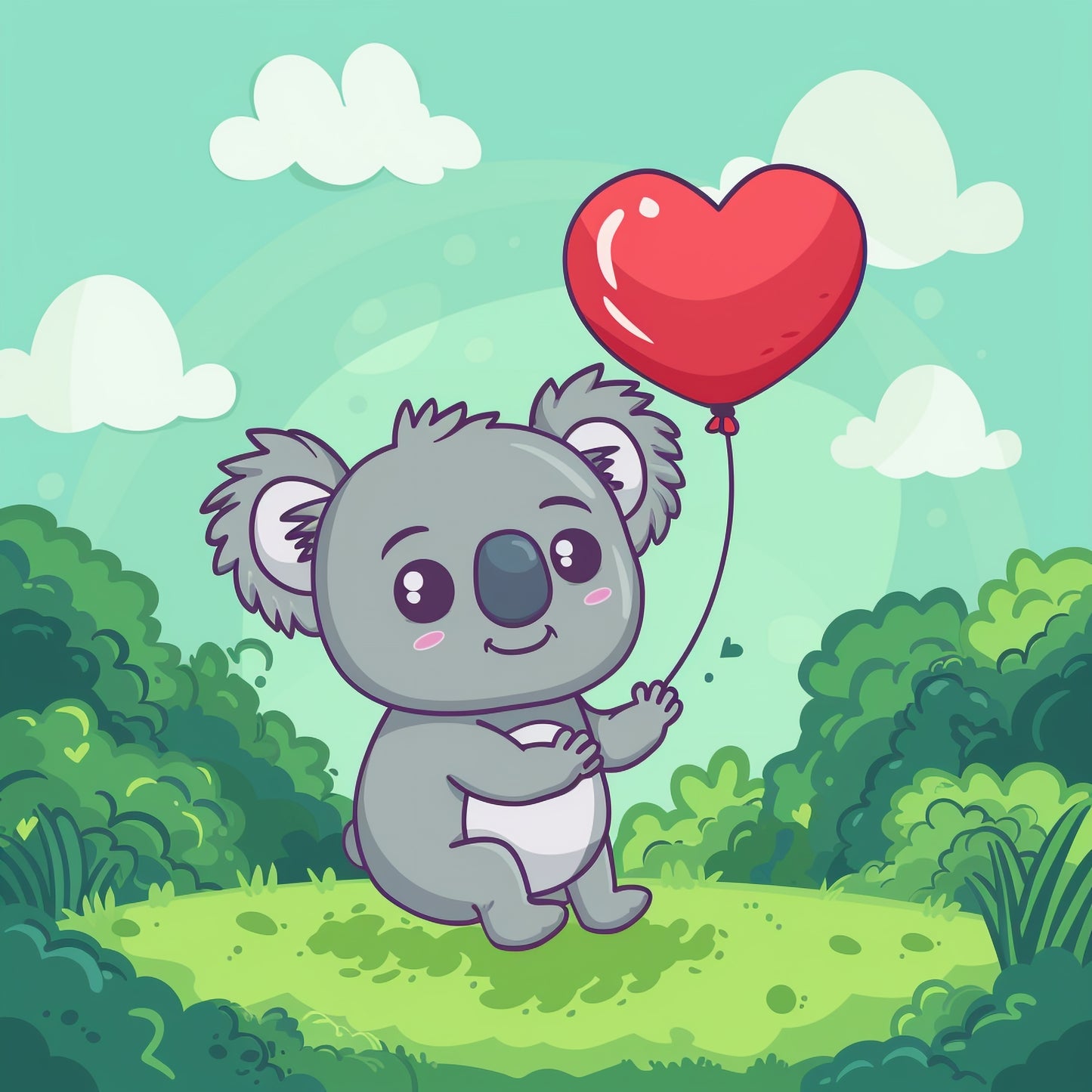 Cute Koala with Red Heart Balloon in a Lush Landscape