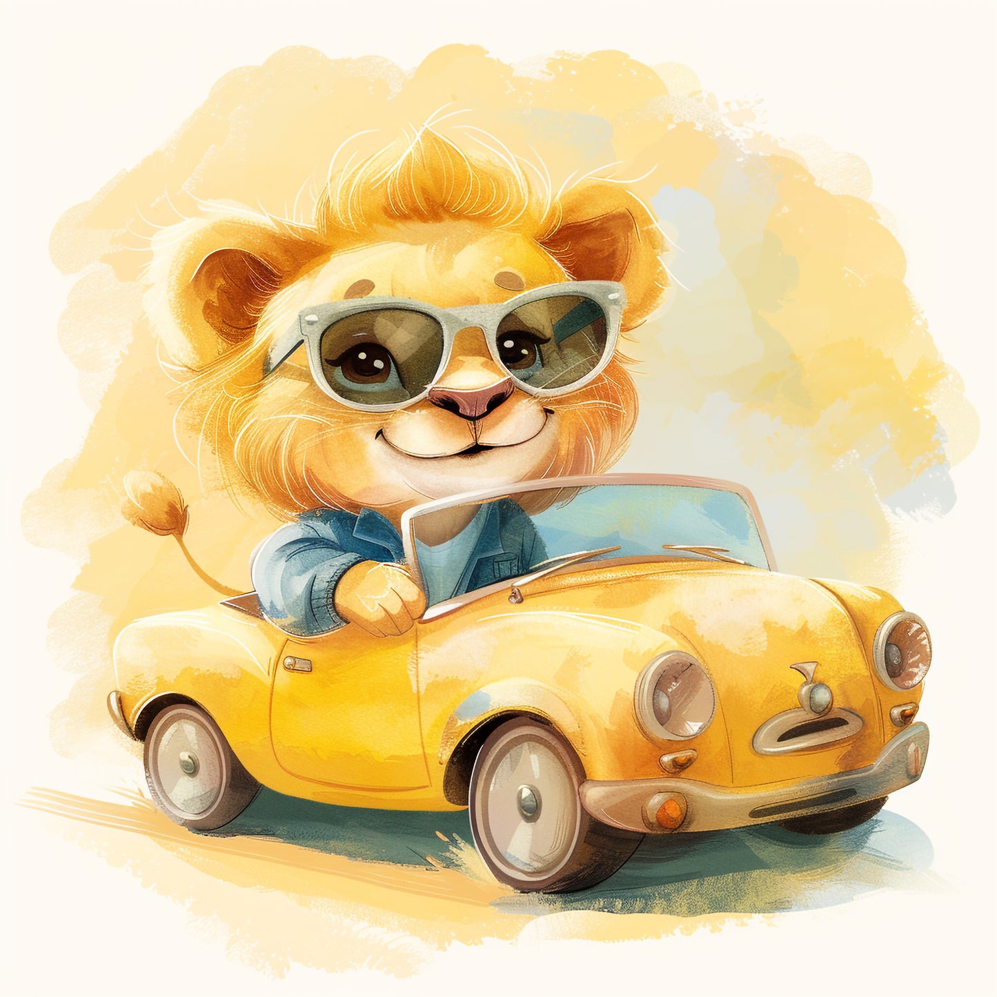 Stylish Lion Character Driving a Vintage Car Illustration
