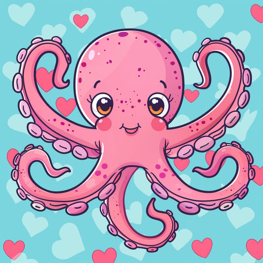Cute Smiling Octopus with Hearts on Blue Background