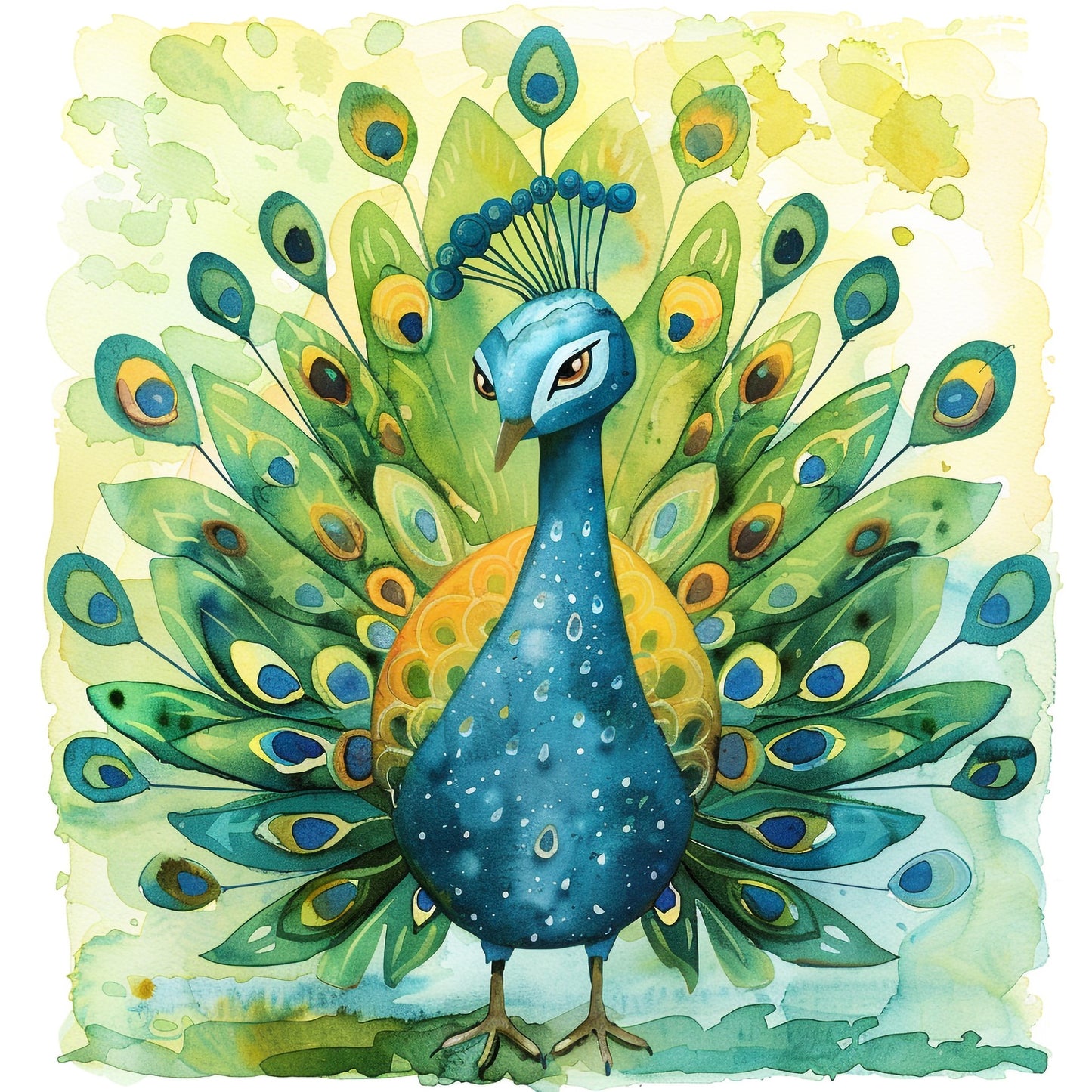 Colorful Watercolor Peacock with Open Feathers Illustration
