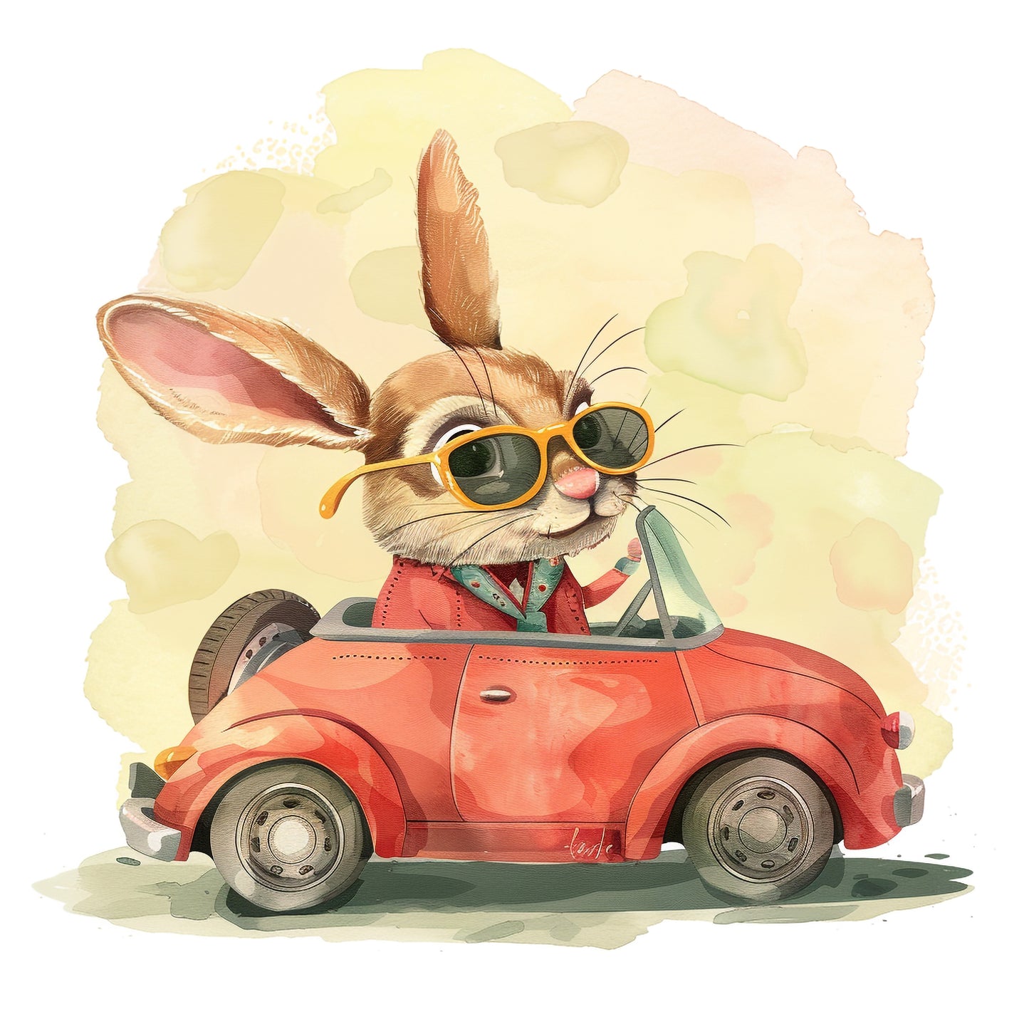 Stylish Rabbit in Cool Retro Outfit Driving a Car