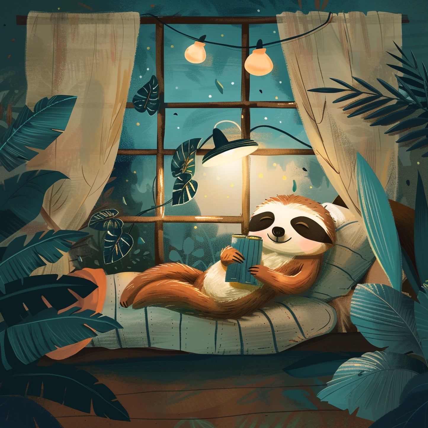 Relaxed Sloth Reading a Book in a Cozy Evening Bedroom