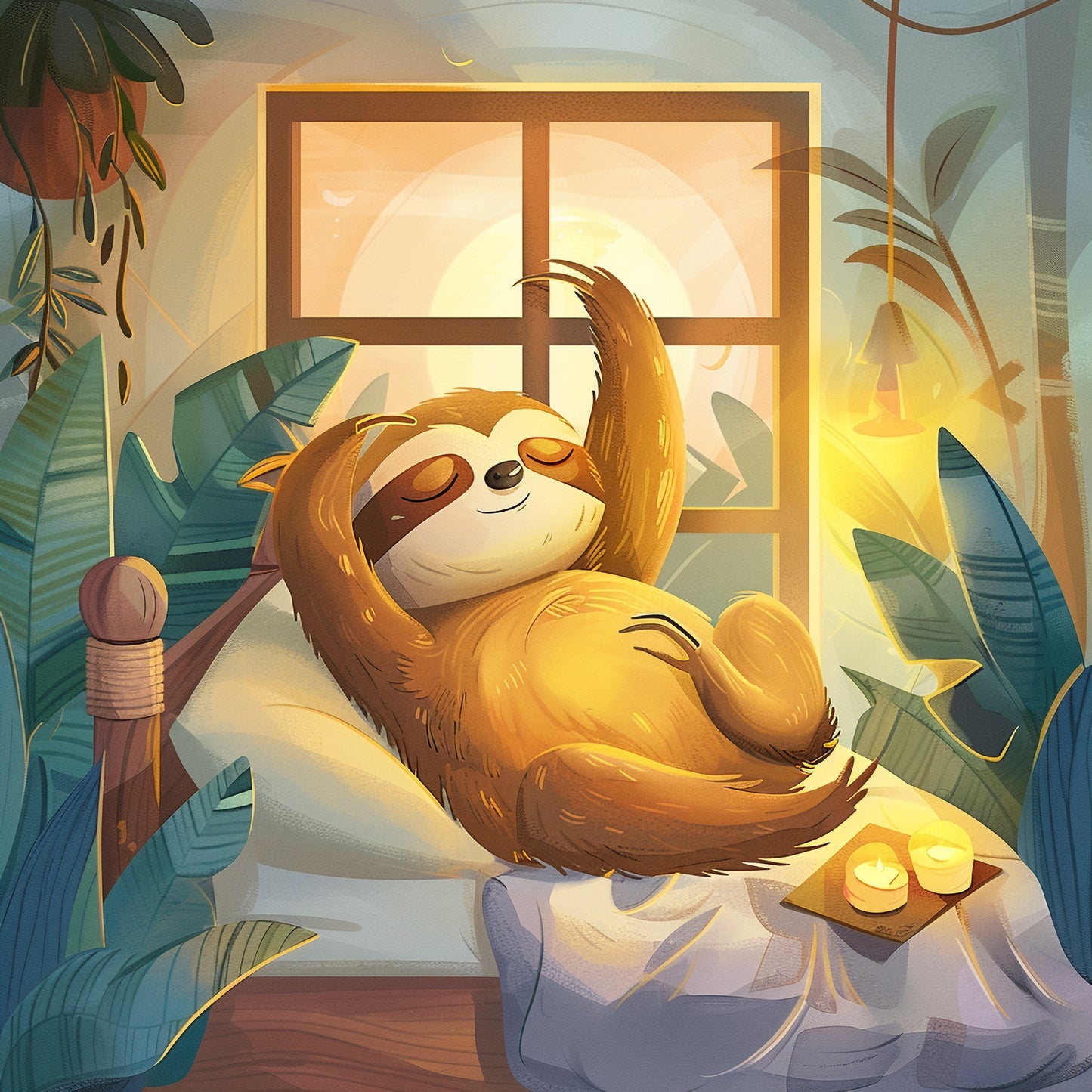 Relaxed Sloth Enjoying Serene Sunset in Cozy Bedroom