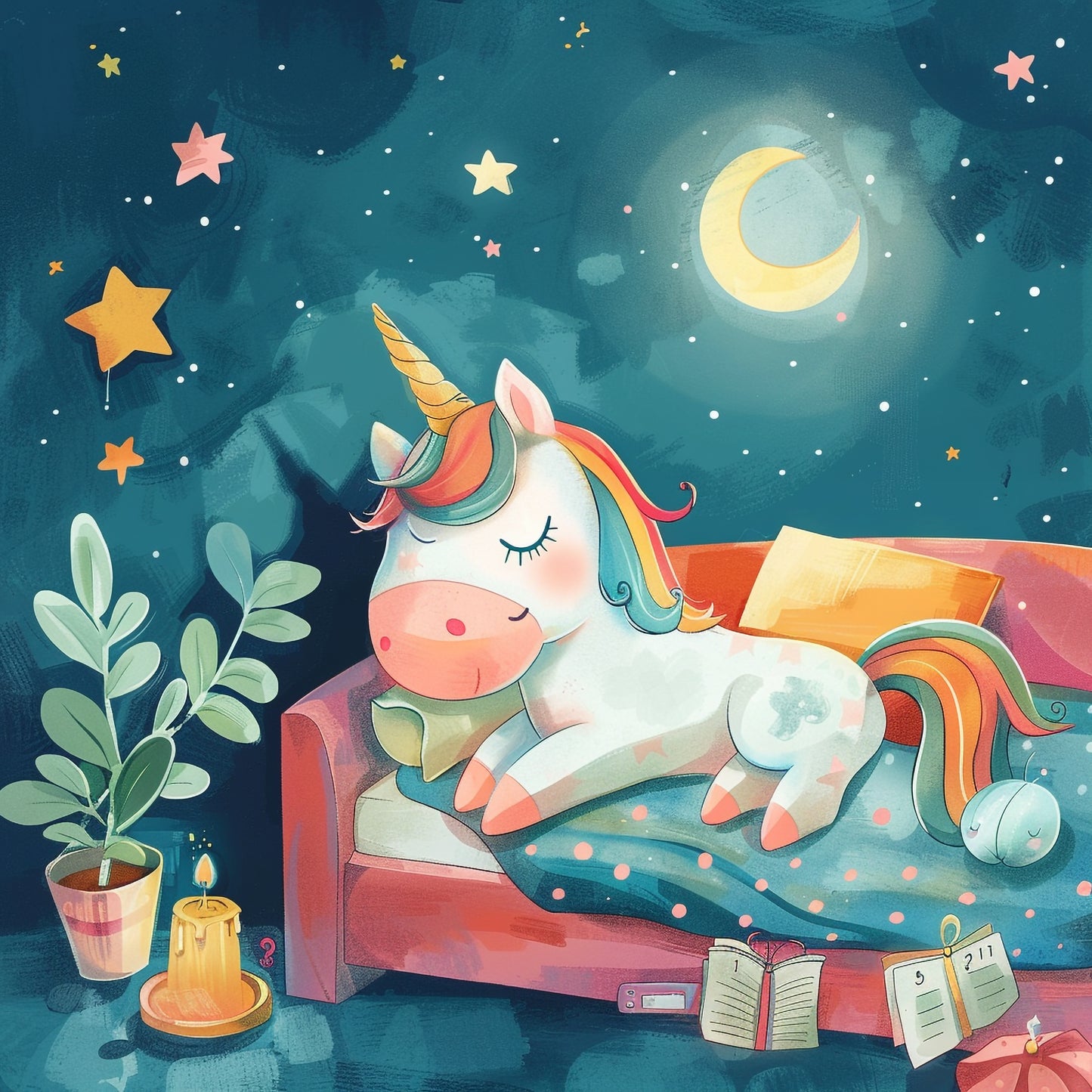 Sleeping Unicorn in a Cozy Bedroom with Starry Night Sky
