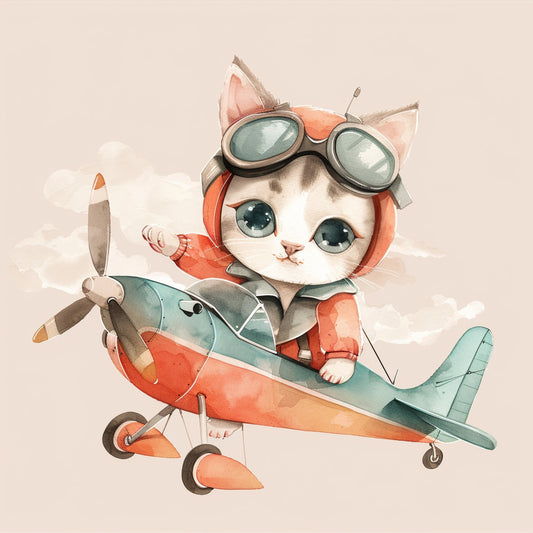 Adorable Cartoon Kitten Pilot Flying a Retro Plane