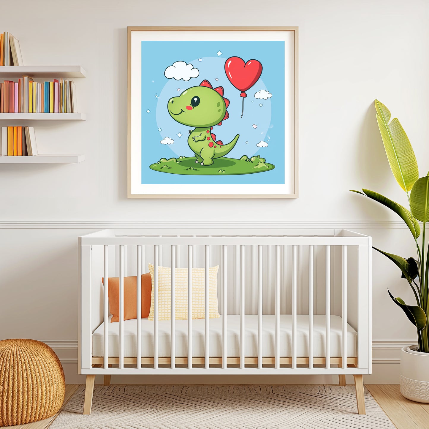 Adorable Baby Dinosaur Holding a Red Heart Balloon