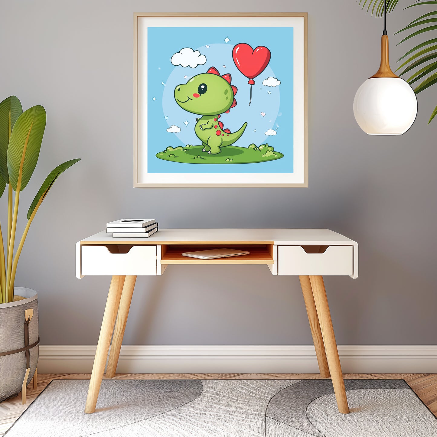 Adorable Baby Dinosaur Holding a Red Heart Balloon