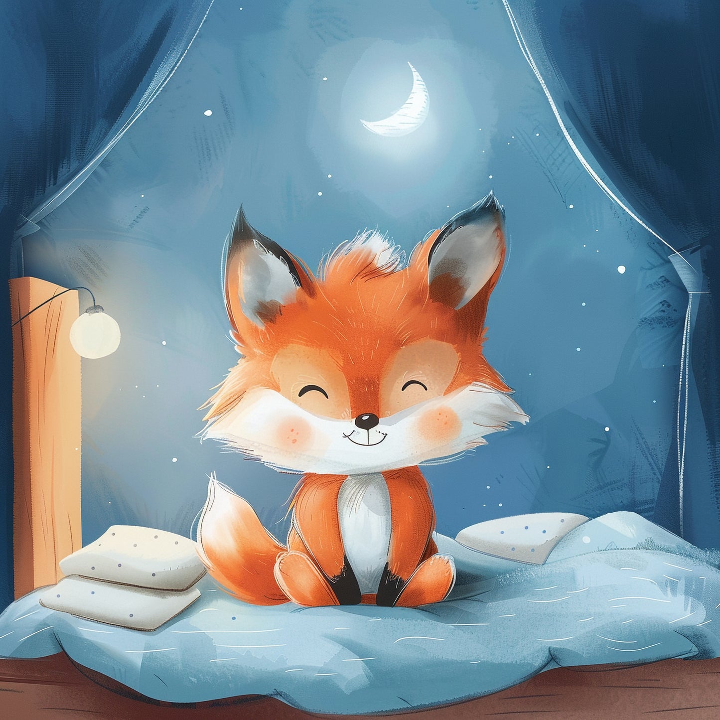 Adorable Baby Fox Sitting Happily in Cozy Bedroom