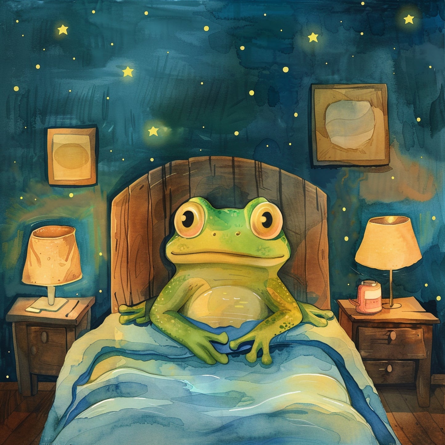 Charming Baby Frog Enjoying a Cozy Bedroom Night