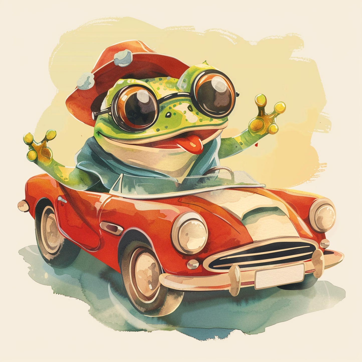 Cartoon Frog Enjoying a Joyride in a Classic Red Car