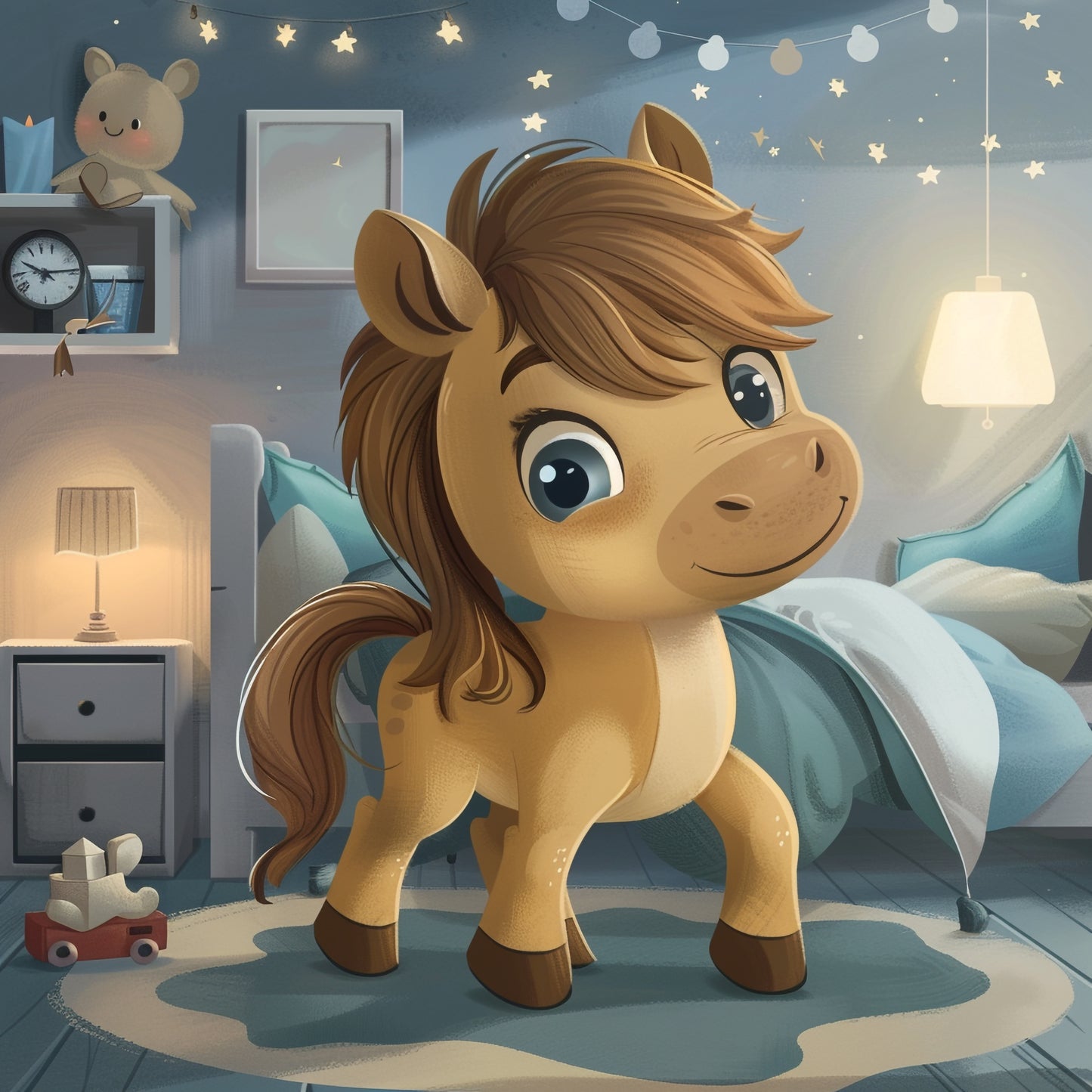 Adorable Illustrated Baby Horse in a Cozy Bedroom Setting