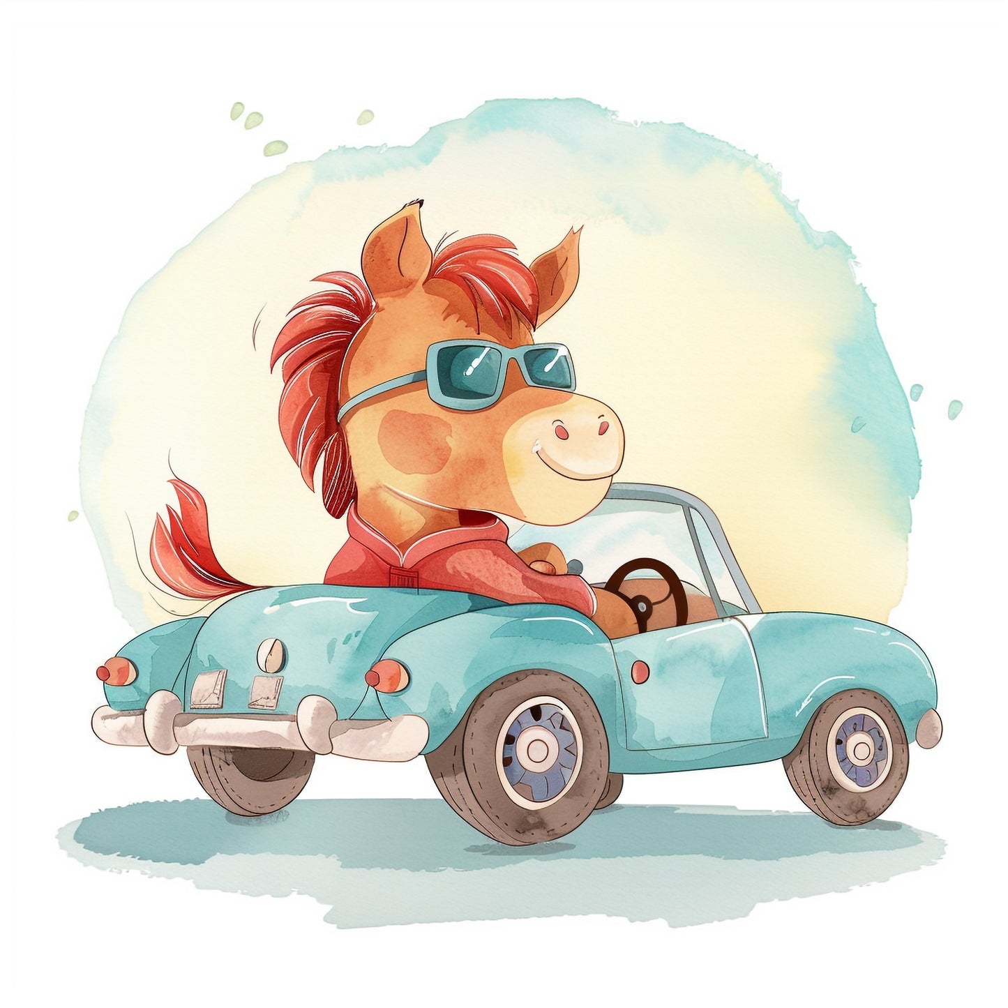 Cute Baby Horse in Sunglasses Driving Vintage Car