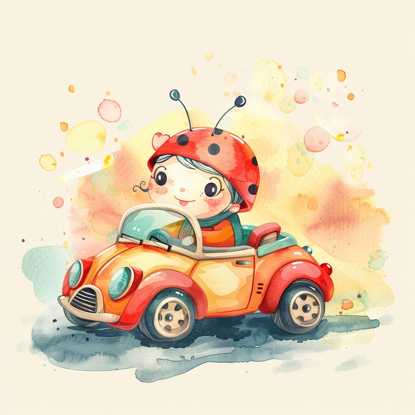 Cute Baby Ladybug Driving Retro Car Illustration