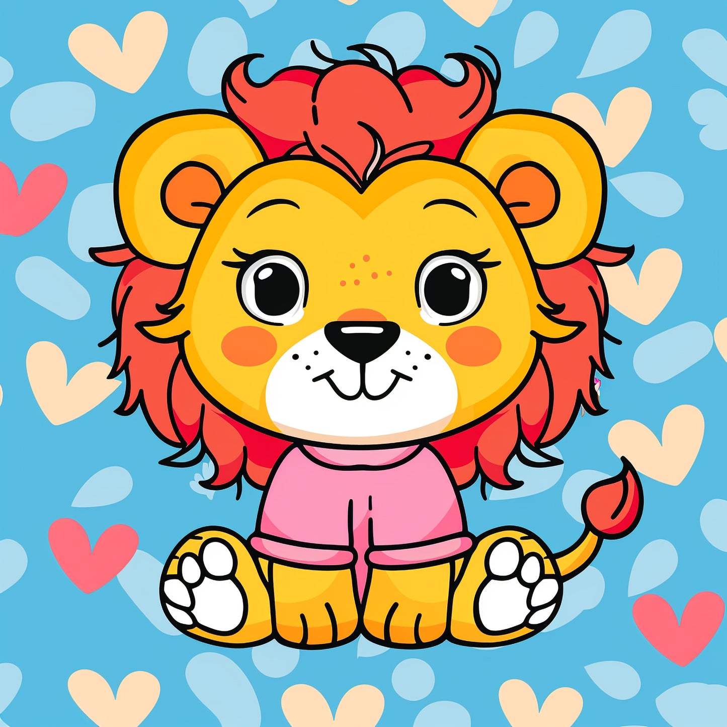 Adorable Baby Lion Cartoon on Heart Pattern Background