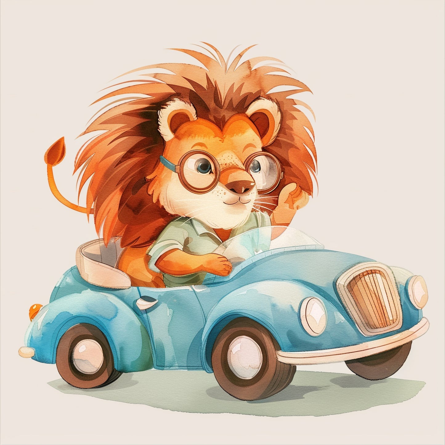 Adorable Cartoon Lion Cub Driving a Vintage Car