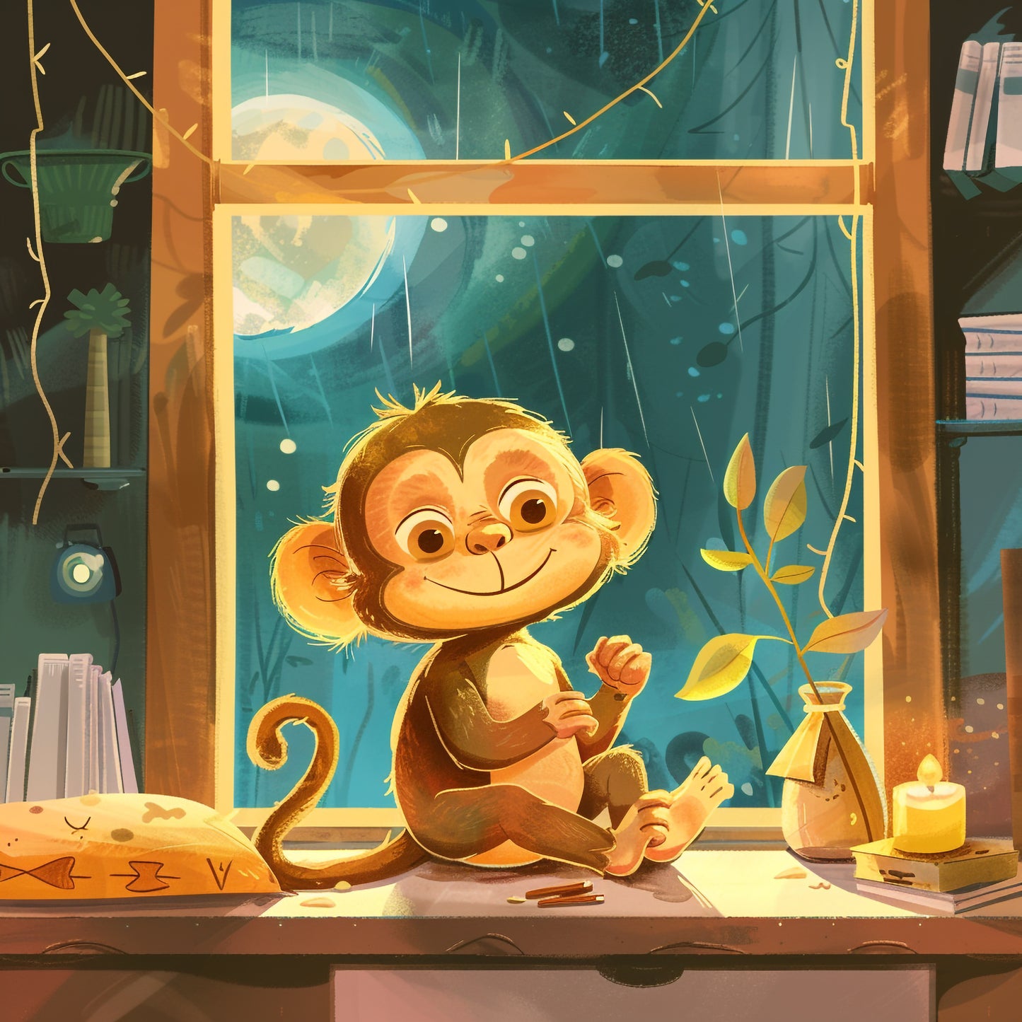Adorable Baby Monkey Sitting Cozily in Bedroom at Night