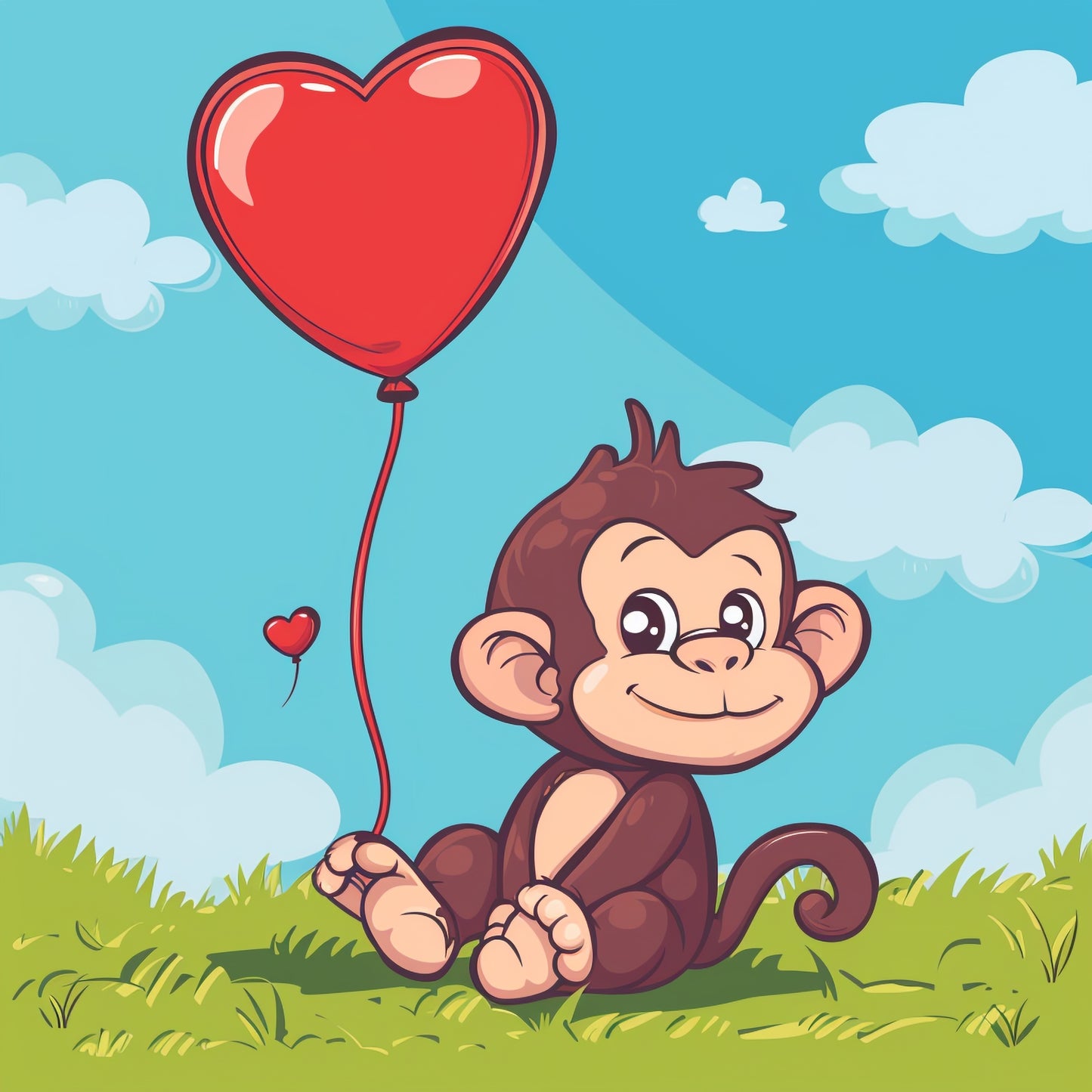Adorable Cartoon Monkey Holding a Red Heart Balloon