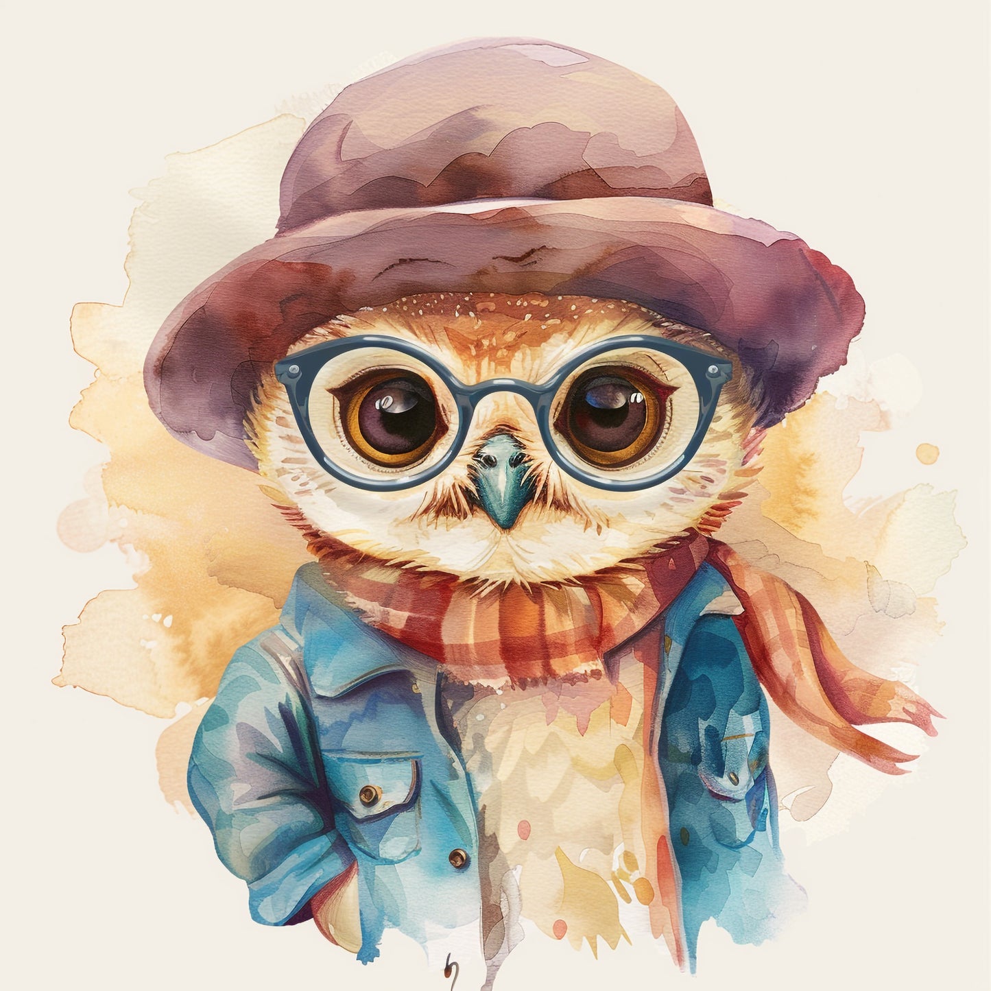 Retro Styled Baby Owl in Watercolor Illustration