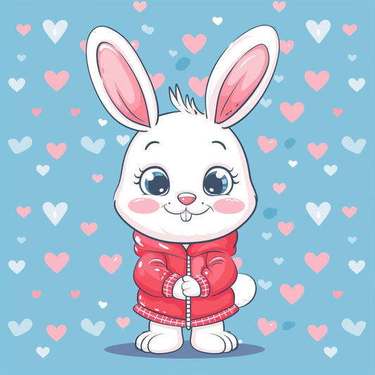 Adorable Baby Rabbit in Red Jacket with Hearts Background