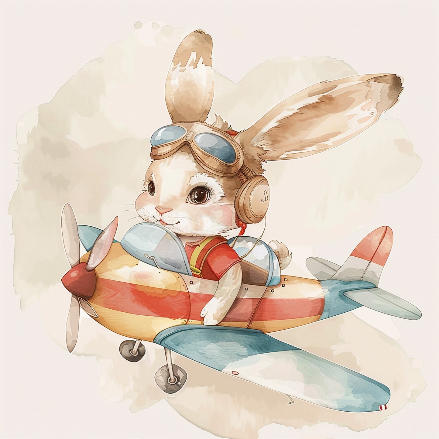 Adorable Bunny Pilot in Illustrated Retro Airplane