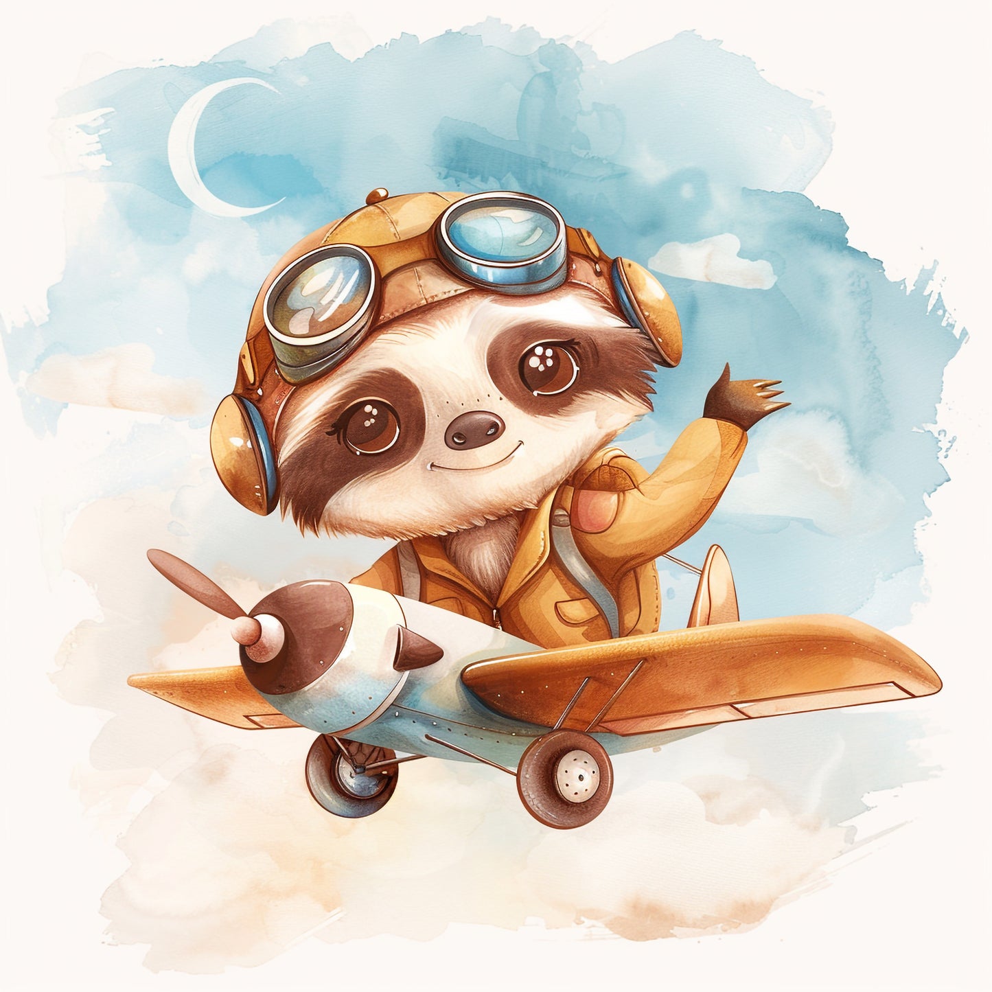 Illustrated Baby Sloth Pilot in a Vintage Airplane