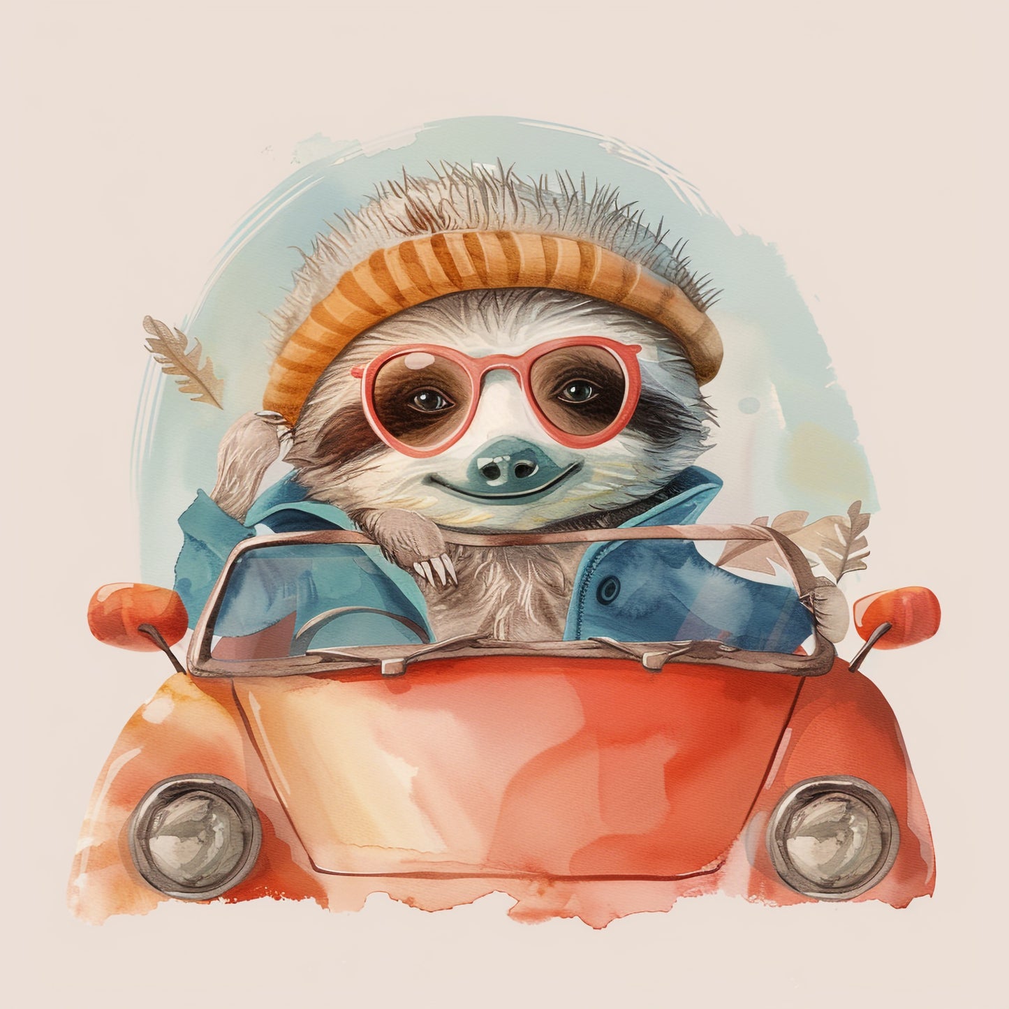 Cute Baby Sloth in Retro Car on Whimsical Adventure