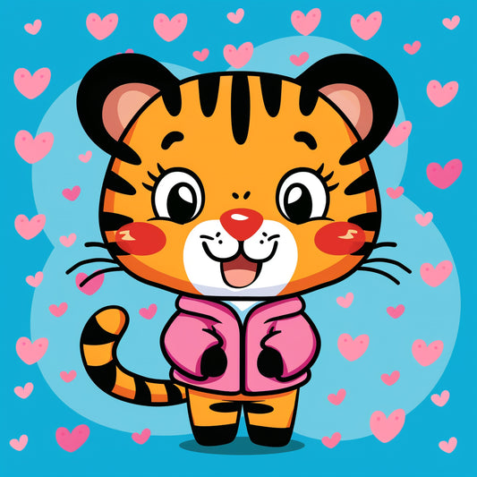 Adorable Cartoon Baby Tiger Smiling with Hearts Background