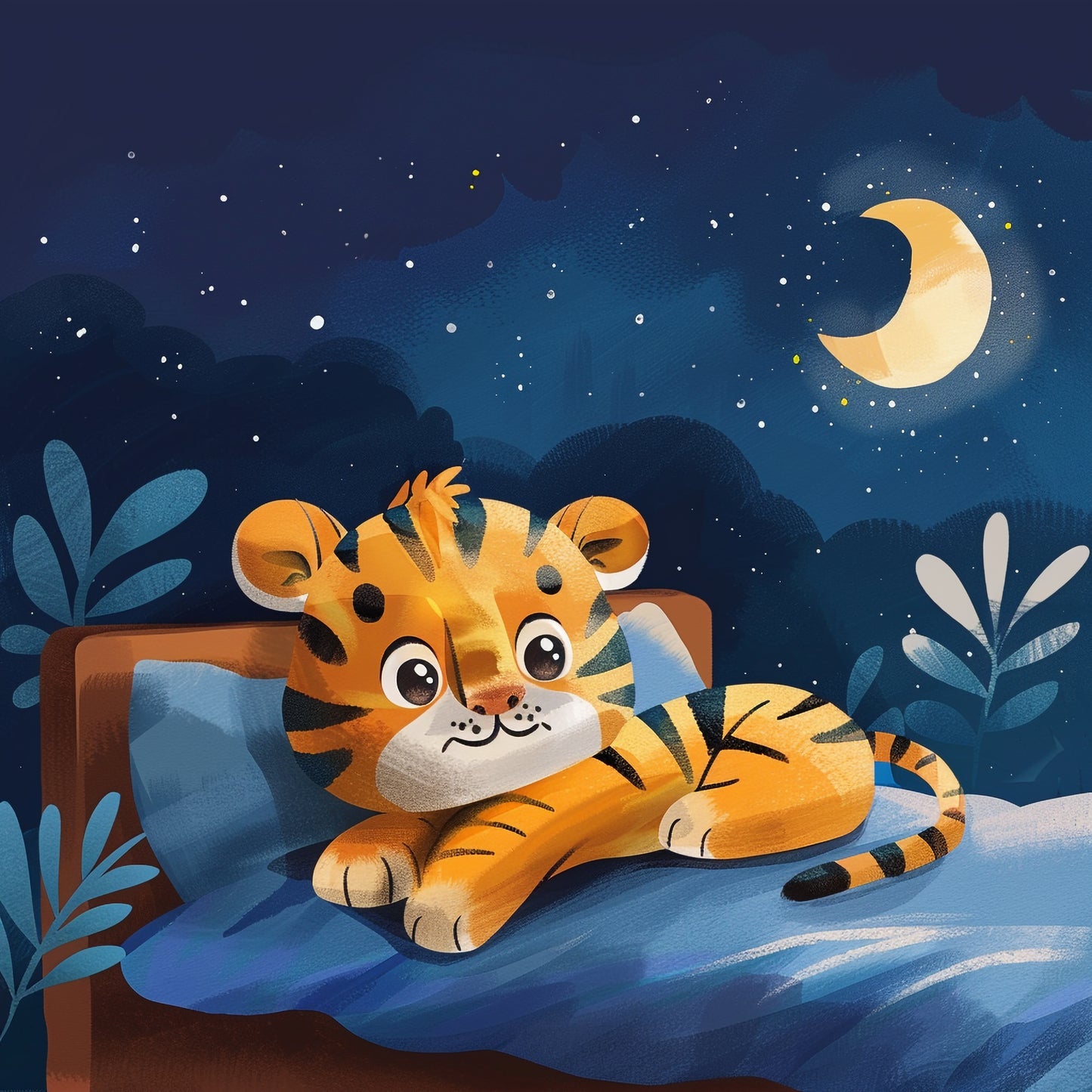 Adorable Baby Tiger Resting in a Cozy Bedroom at Night