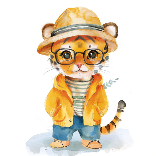 Adorable Cartoon Tiger Cub in Stylish Outfit and Glasses