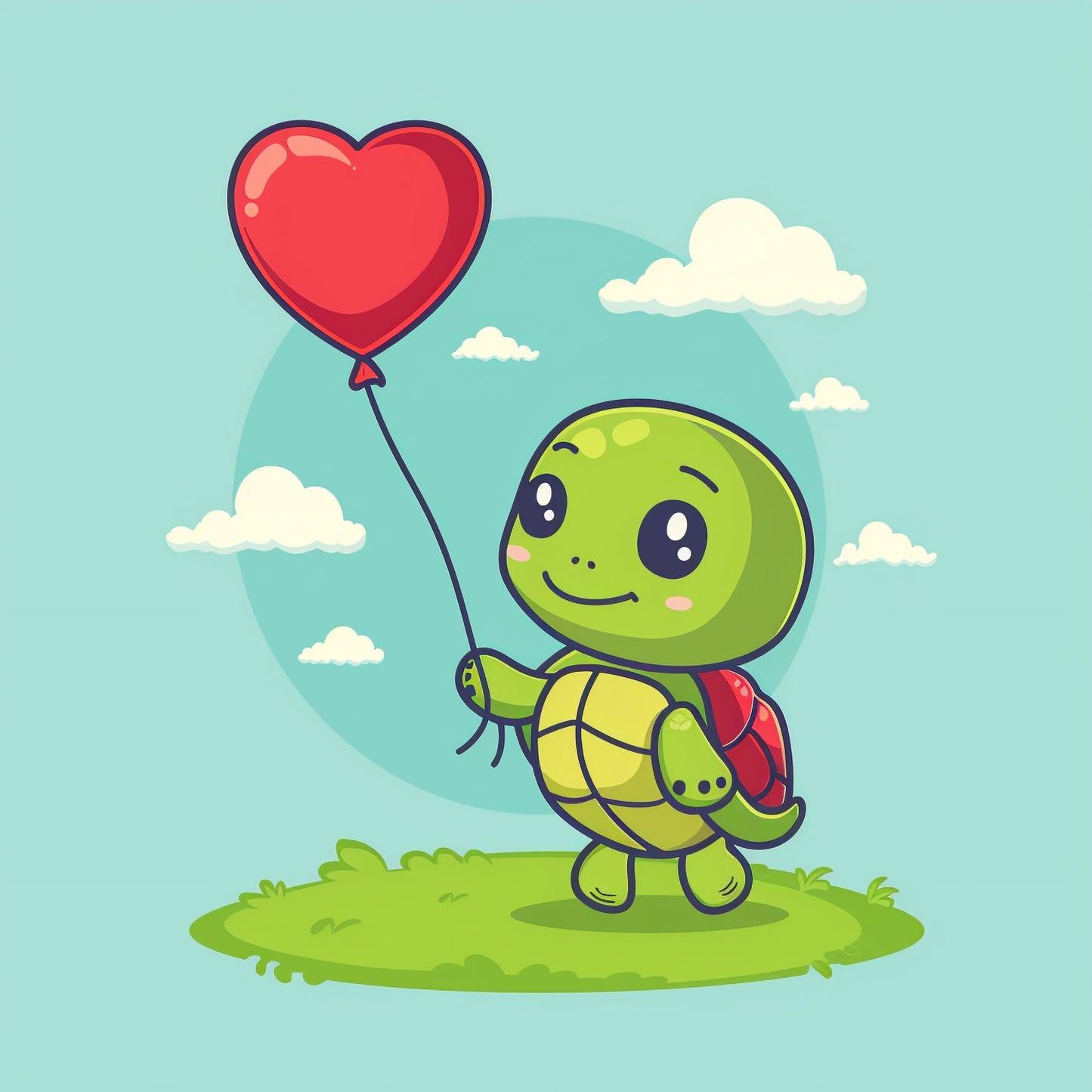 Adorable Cartoon Turtle Holding a Red Heart Balloon