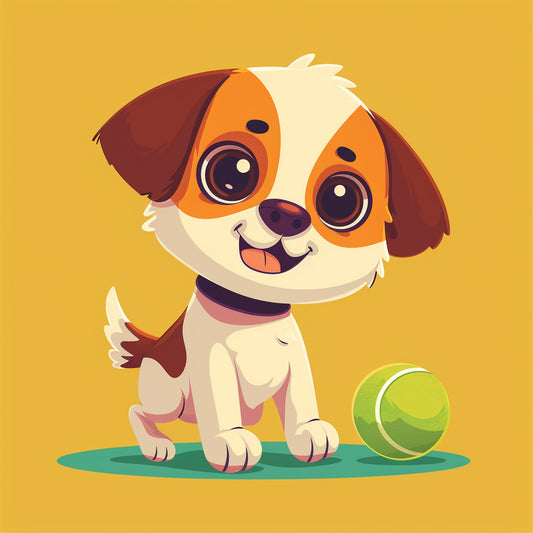 Cute Puppy Playing with Tennis Ball on Yellow Background