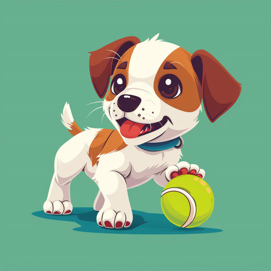 Playful Puppy with Tennis Ball on Colorful Background