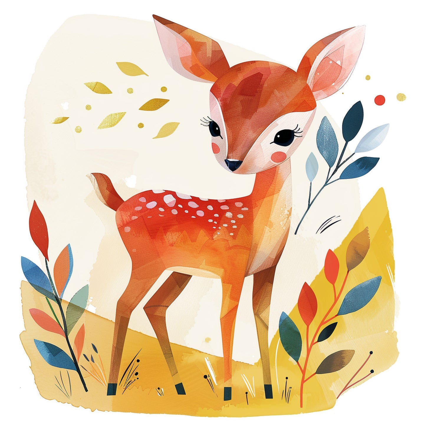 Cute Baby Deer Illustrated in Vibrant Watercolor Style