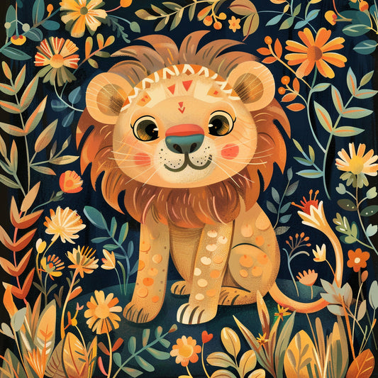 Charming Baby Lion Illustration Surrounded by Florals