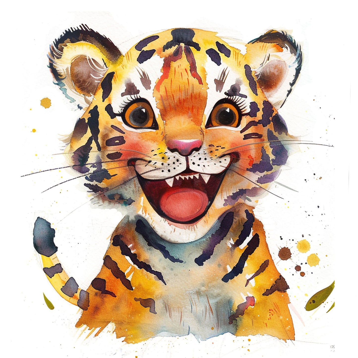 Colorful Watercolor Illustration of a Happy Baby Tiger